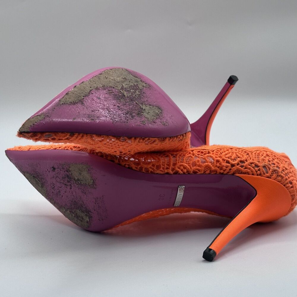 Gucci Virginia Orange Lace Mary Jane Pumps 38 7.5 95mm Crystal Buckle - Picture 5 of 8